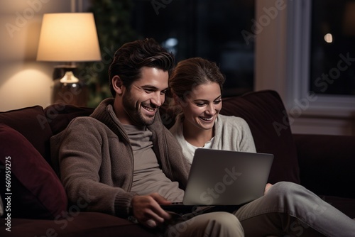 A young couple sitting on a couch, planning their financial future and looking at a laptop with a financial planning software