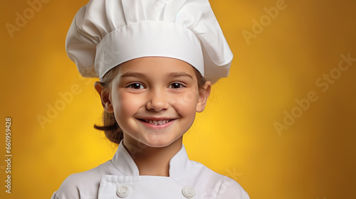 Little girl in a chef costume on isolated yellow background.