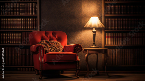 A chair in a room with a bookcase