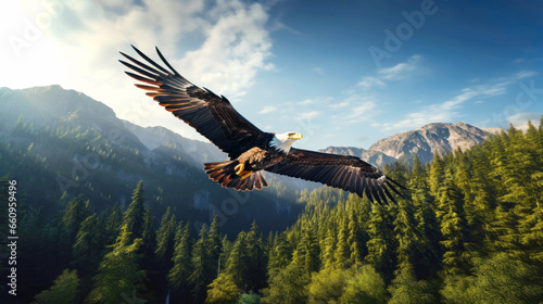 American bald eagle in flight over the forest in mountains photo