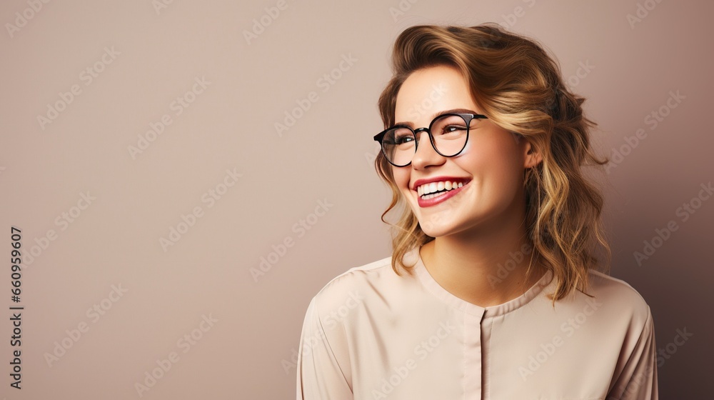 A young woman in glasses is smiling near solid background