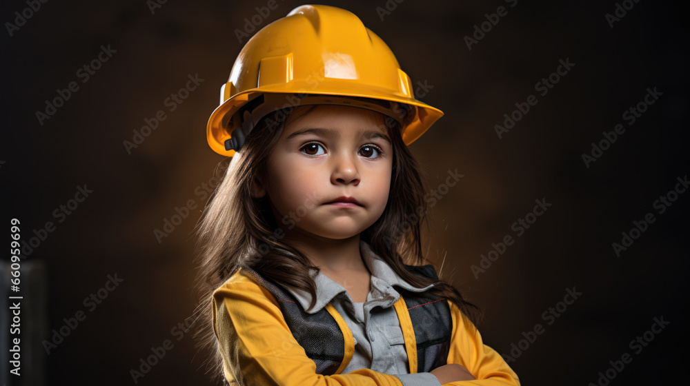 Happy girl wearing helmet or hard hat imitate builder or engineer Happy girl wearing helmet or hard hat imitate builder or engineer