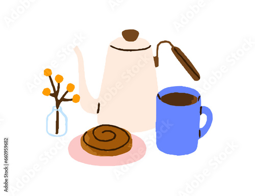Coffee mug, pot and bakery composition. Coffeepot, sweet roll. Morning americ...