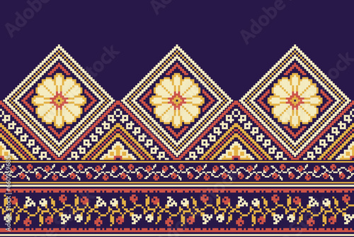 flower embroidery on purple background. ikat and cross stitch geometric seamless pattern ethnic oriental traditional. Aztec style illustration design for carpet, wallpaper, clothing, wrapping, batik.