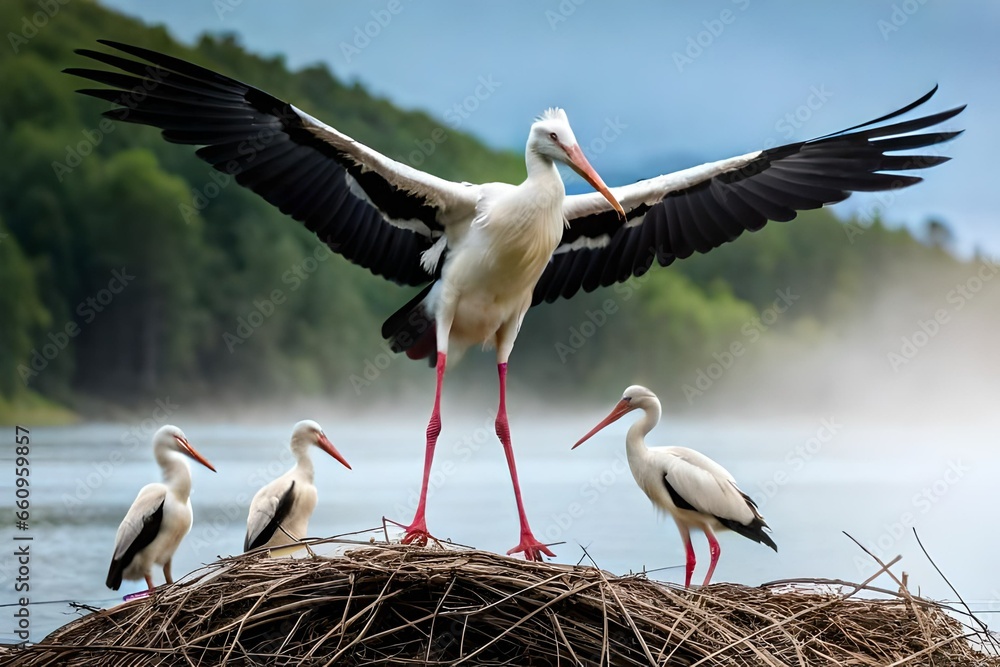 white stork in the nest - obrazy, fototapety, plakaty 