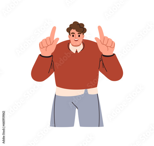 Happy man pointing up with index fingers. Smiling person employee showing som...