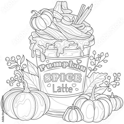 Pumpkin latte.Coloring book antistress for children and adults.