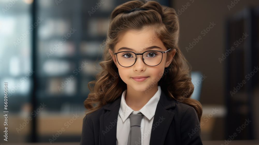 Little girl portrays a businesswoman in a suit in the background of her office. Concept of children in adult professions. Little girl portrays a businesswoman in a suit in the background of her office. Concept of children in adult professions.