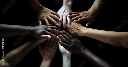 Work together, support each other, diversity, unity concept with many hands put together in the air. Hands of people of different colors. Generative AI image. photo