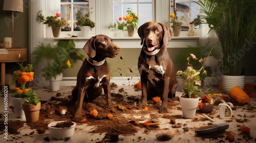 Chaotic living room with dogs and mess. Flower pots destruction, scattering soil and plants all over the floor. Destructive behavior, behaviour problems. Happy puppy time and happiness.