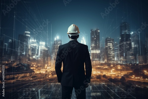 City development and construction concept Businessman in helmet amid urban skyline © Muhammad Shoaib