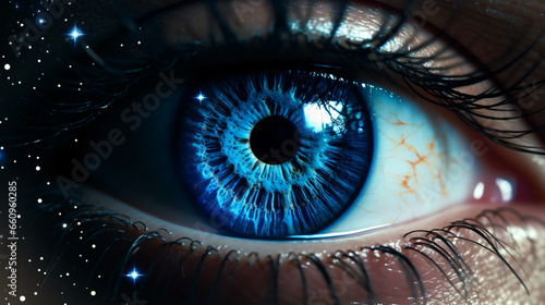 A close up of a blue eye with stars in the background