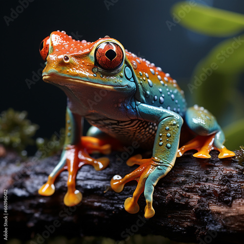 Portrait of a red-eyed tree frog on a branch on a dark background