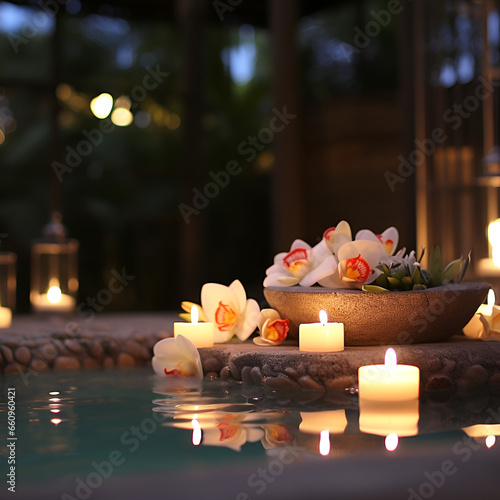 Burning candles and flowers