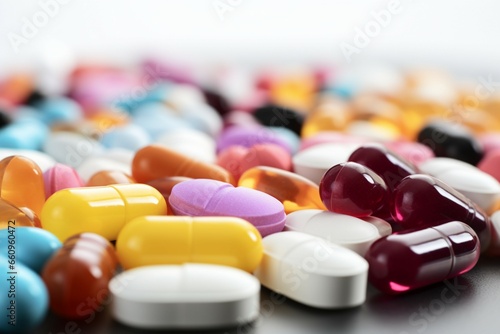 Colorful pills and capsules spill in a close up, medical healthcare concept