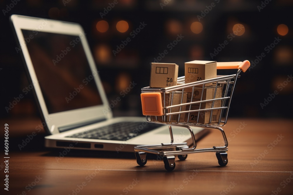 Online shopping concept with miniature shopping cart standing in front of laptop, E-Commerce concept. 