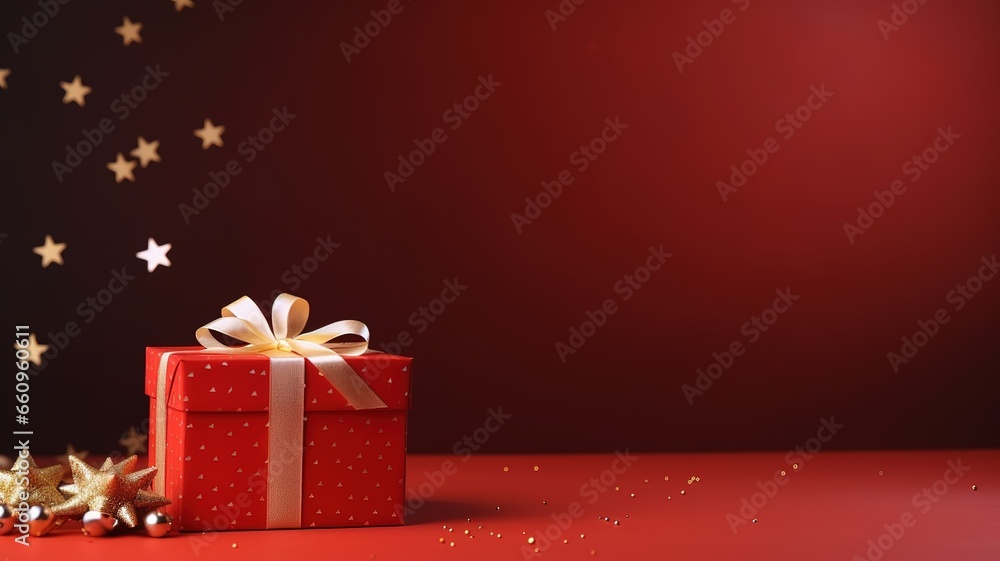 gift box with red ribbon and big bow on red background with copy space Ai gift box with red ribbon and big bow on red background with copy space Ai