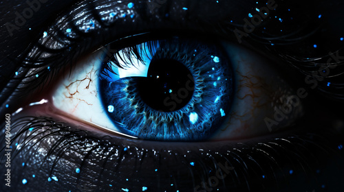 A close up of a blue eye with stars in the background