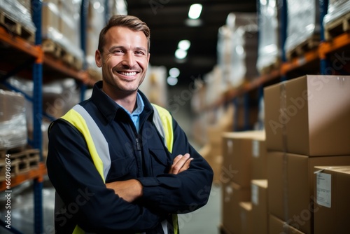 Portrait of smiling male industrial worker in warehouse storage center generative ai photo