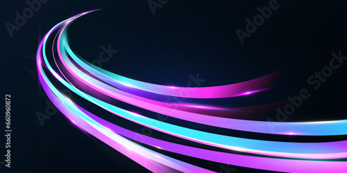 Futuristic abstract perspective flash, glowing road light strips. Light traffic traces. High speed traffic. Space background. Vector illustration