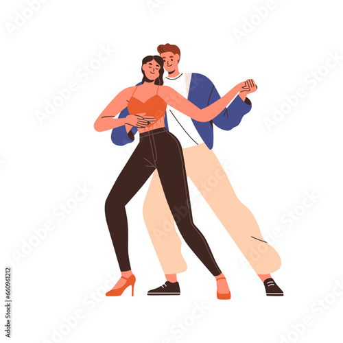 Couple, duet dancers performing bachata movements, moves. Modern happy young ...