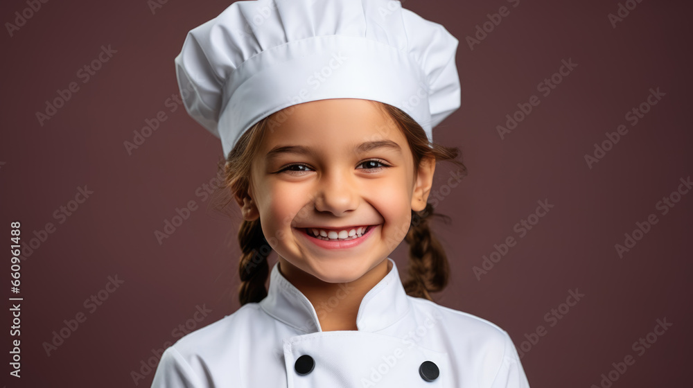 Little girl in a chef costume on isolated beige background. Little girl in a chef costume on isolated beige background.