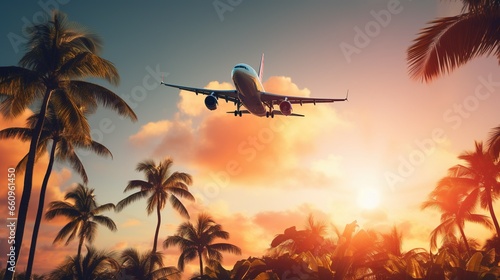 Airplane flying above palm trees in clear sunset sky with sun rays