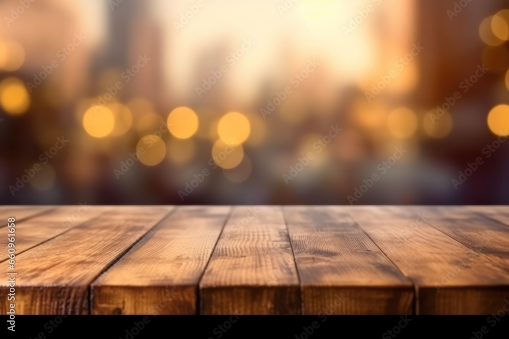 Empty wooden table top and blurred city Christmas holiday background. Image for display your product. Empty wooden table top and blurred city Christmas holiday background. Image for display your product.