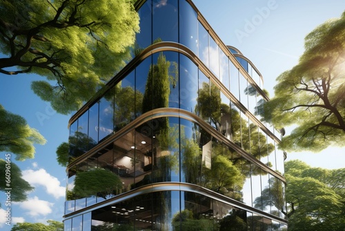 Eco conscious office building in the city incorporates sustainable design and carbon reducing trees