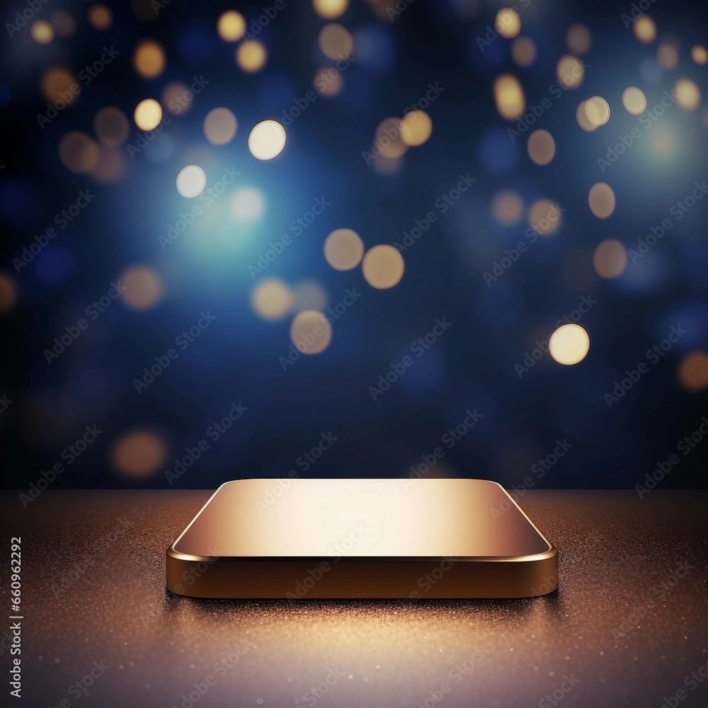 青背景に金色のボケライトと金色の角丸四角展示台がある正方形テンプレート