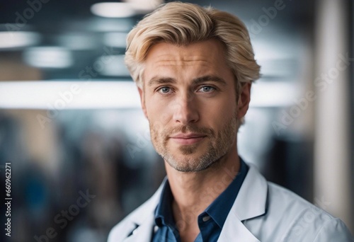 Realistic photo of  blond doctor
