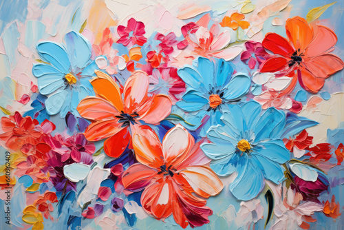 Bright  textured floral art with dominant blue and orange blooms. Rich palette knife details capture the essence of spring  perfect for interior designs.