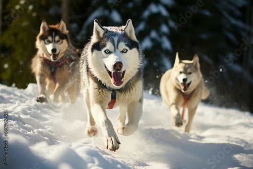 Energetic husky dog racing fervently on a sled in thrilling competition