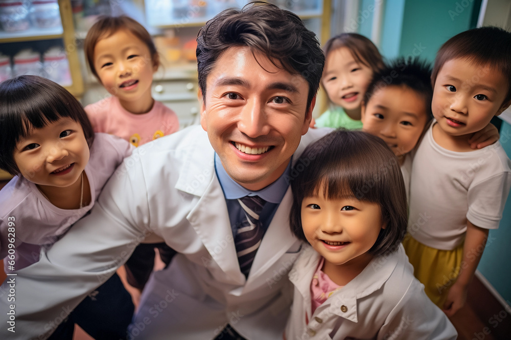 Portrait of a happy asian doctor and children in hospital. Pediatric clinic, healthcare, medical center. Generative AI Portrait of a happy asian doctor and children in hospital. Pediatric clinic, healthcare, medical center. Generative AI