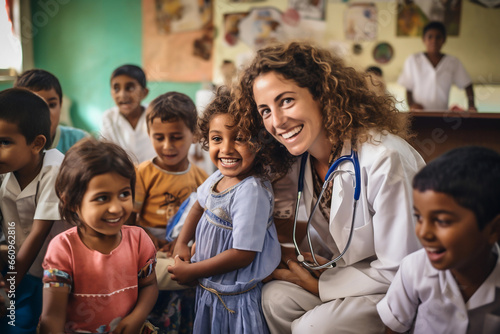 Portrait of smiling female doctor with happy children in corridor at pediatric clinic. Healthcare  medical center. Generative AI