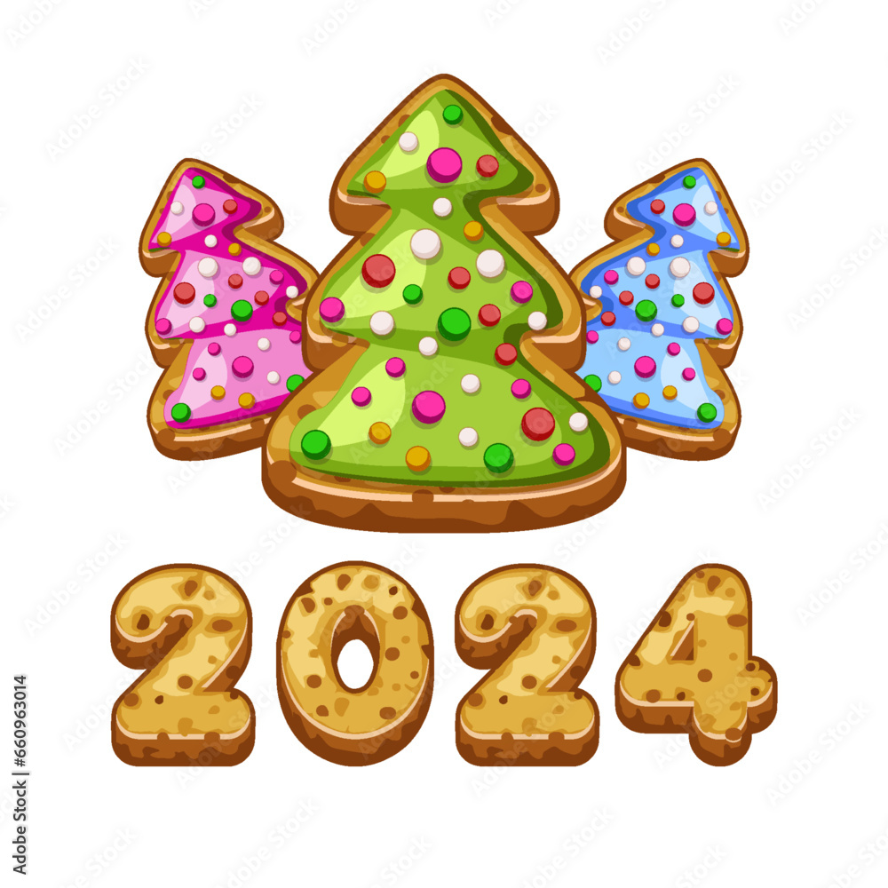 Christmas tree and 2024 text in gingerbread cookie style. New Year, sweet, dessert. Winter holiday theme. Christmas tree and 2024 text in gingerbread cookie style. New Year, sweet, dessert. Winter holiday theme.