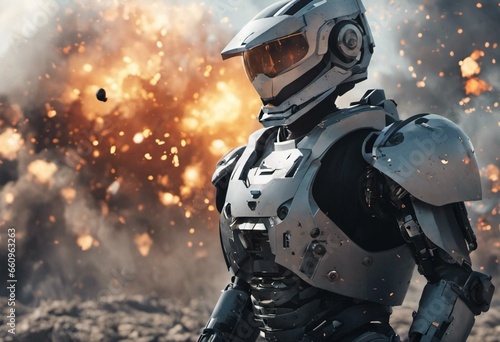 Robotic man in a battle, cinematic explosions
