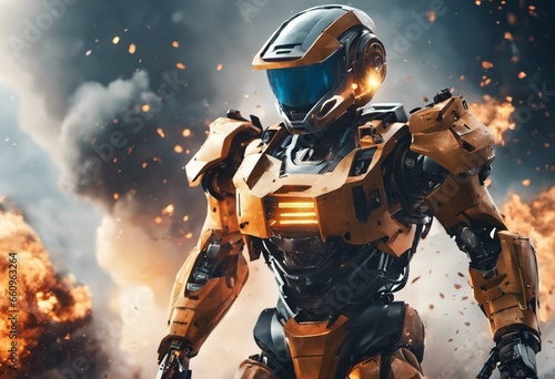 Robotic man in a battle, cinematic explosions © Pabkov