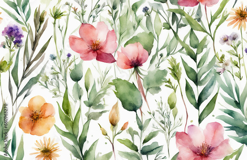Wild field herbs flowers. Watercolor individual isolated element set - illustration with green leaves and colorful plants. Wedding stationery, wallpapers, fashion, backgrounds, textures. Wildflowers