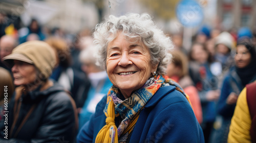 Close up portrait of female activist standing in a crowd of women during demonstration for women's rights