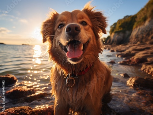 A brown dog standing on top of a rocky beach. Imaginary AI picture.