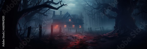 Black Spooky Scary House in the Middle of the Mystical Forest Art Illustration. Halloween Horror Cinematic Background