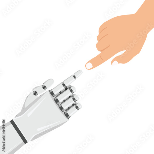 Technology meets humanity. Human hand and robotic hand.