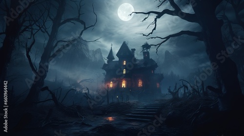 Black Spooky Scary House in the Middle of the Mystical Forest Art Illustration. Halloween Horror Cinematic Background