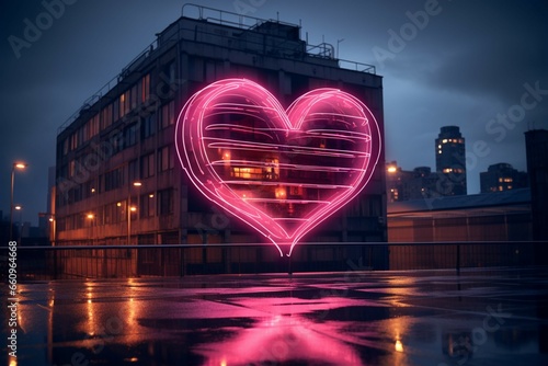 Neon heart symbol shines in the city night, representing love and unity