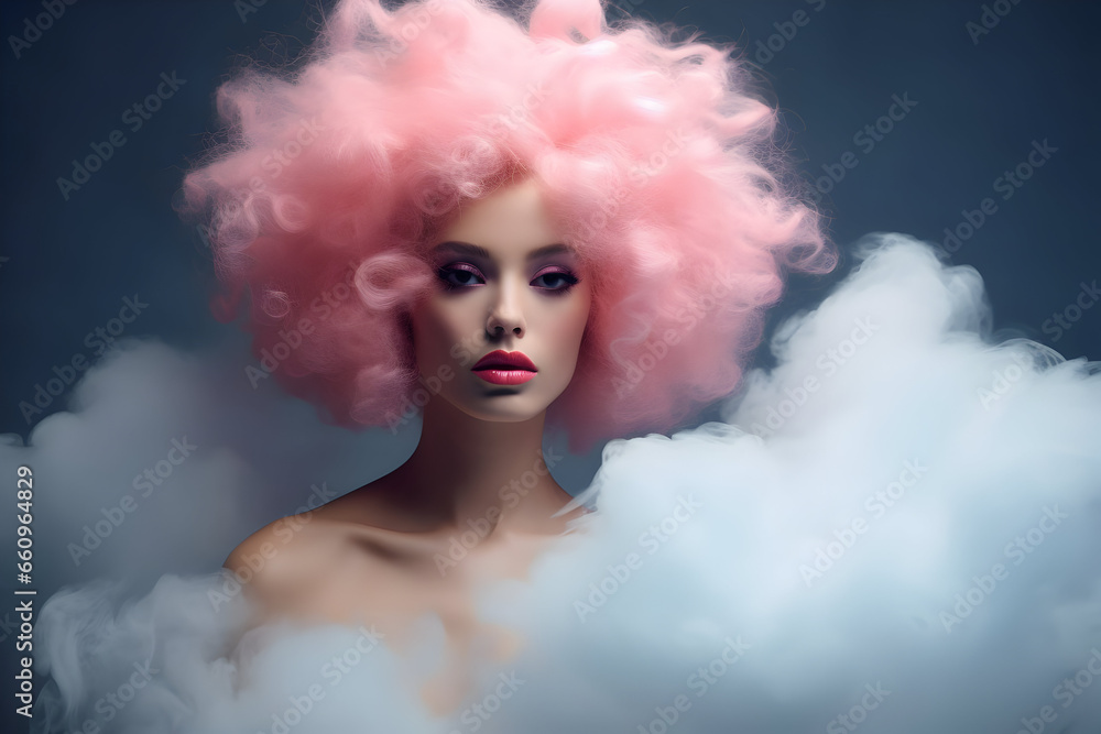 A Surreal Fashion Concept. A Close-Up Portrait of a Stunning Woman with Cotton Candy Pink Hair, Resembling Fluffy Clouds. Enhanced by Dynamic Composition and Dramatic Lighting for a Mesmerizing Look