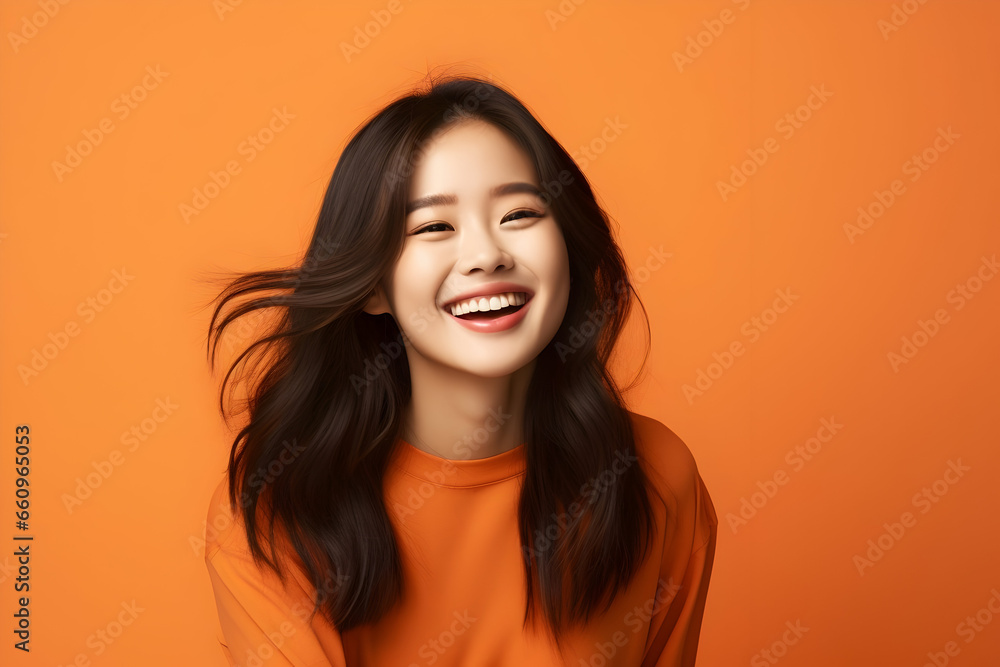 A Happy and Vibrant Young Japanese Asian Woman Set Against an Orange Background