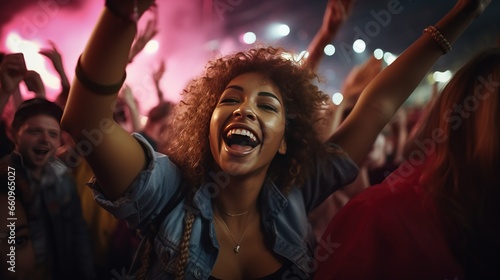 Gen z people on music festival dancing, arms on air low-light conditions