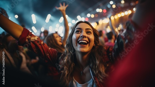 Gen z people on music festival dancing, arms on air low-light conditions