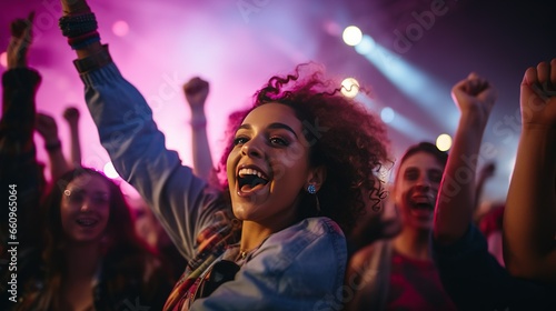 Gen z people on music festival dancing, arms on air low-light conditions